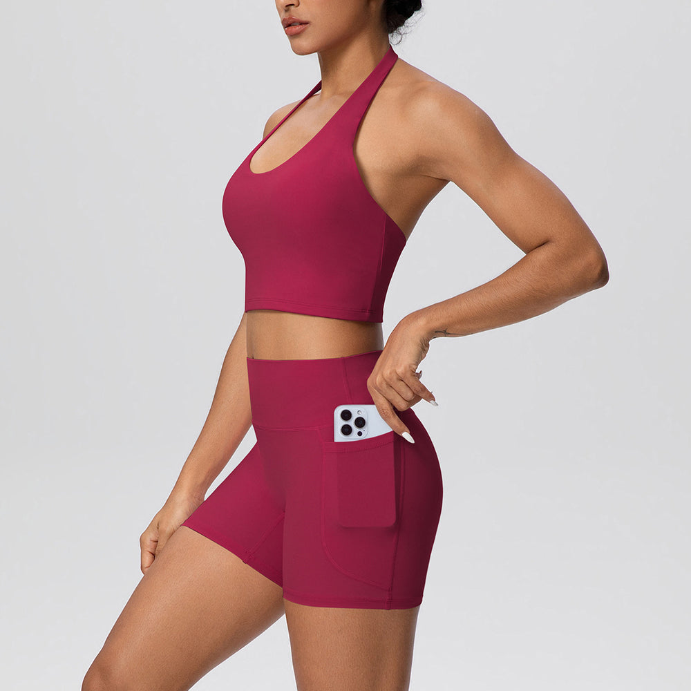 New arrivalnude halter back high waist hip pocketshorts yoga wear tight sports suit running fitness wear