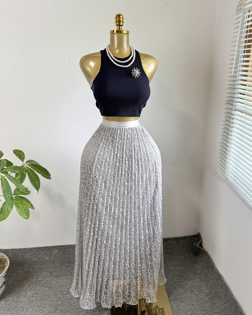 Fashionexport cross-border fashion high waistsweetlacepleated skirt long skirt a-line skirt slimming lookeasiest for matchwork clothing