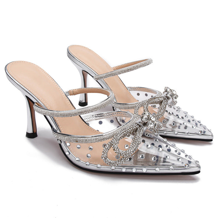 Huizhou new arrival rhinestone transparent high-heeled sandals women's stiletto pointed toe fashion high-heeled shoes one-piece belt toe export