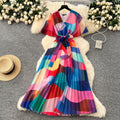 summer new arrival: women's high-end tie-waist v-neck flared sleeve slimming printed chiffon dress