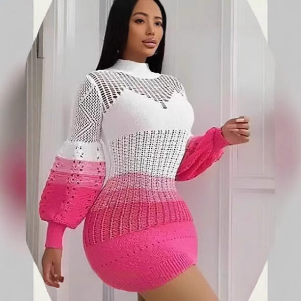 european and american women's clothing cut outlong sleevesknittingbest sellingsexy lantern sleeve gradient color sweater