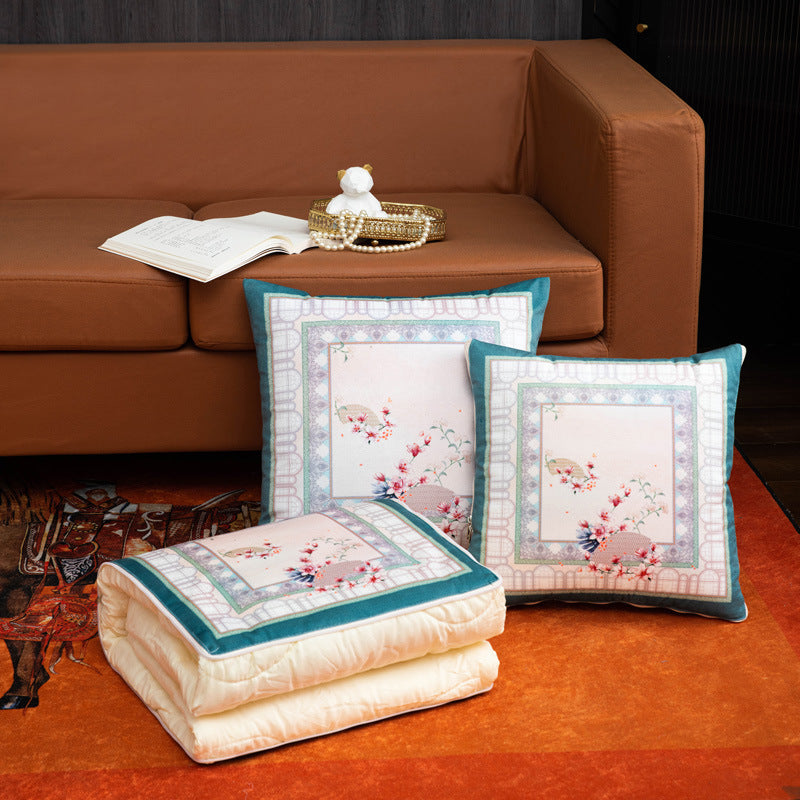 Convertible throw pillow blanket - car, office, nap, foldable backrest cushion, air conditioning quilt - chinese floral design