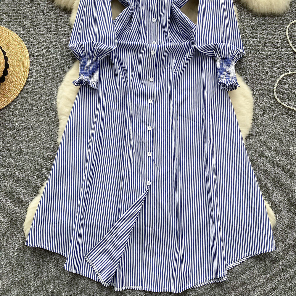 K-style chic style age-reducing stripesshirtdress women's long sleeves single-breasted slimming look longcasual skirt