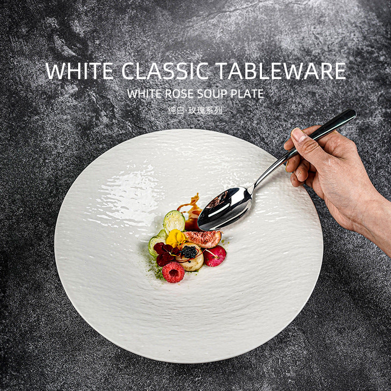 European-style embossed pure white tableware ceramic folded edge bowl large capacity ceramic salad fruit table stylish creative noodle bowl