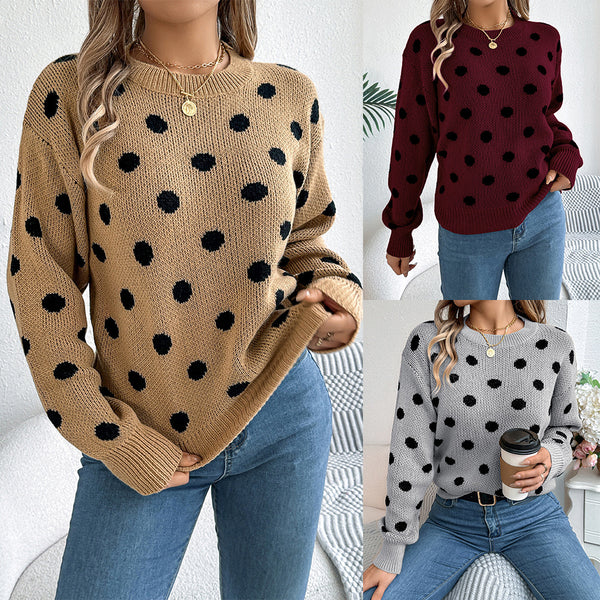 Real shot 2025 autumn and winter casual color contrasting polka dot long-sleeved pullover sweater,   European and American women's clothing