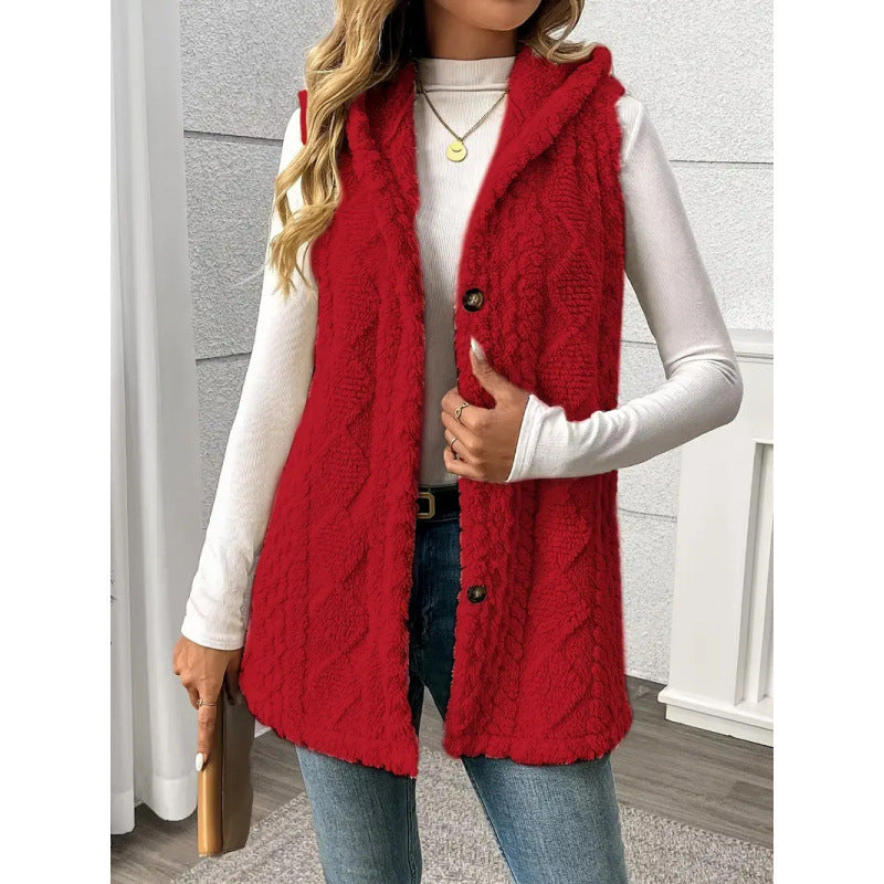 Europe and the United States   hot-selling explosion solid color double-sided plush hooded button cardigan casual women's autumn and winter vest