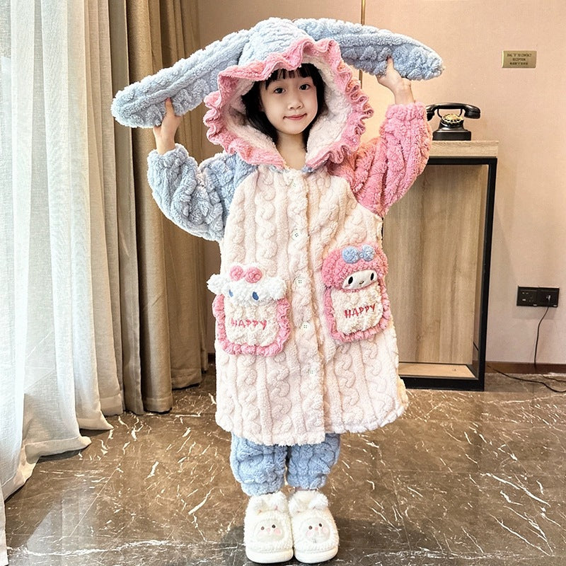 Girls' winter coral fleece pajamas, kids' robe autumn and winter set, flannel cartoon hooded loungewear