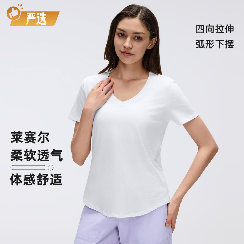 Women's yoga short-sleeve running t-shirt - loose fit, slimming, workout top - summer lightweight - d26087