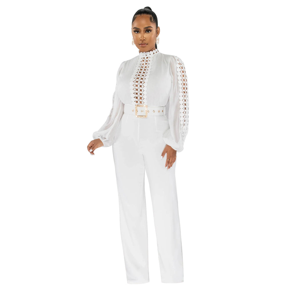 X6345   fashion women's belted lace hollow-out solid color long sleeve jumpsuit