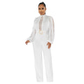 X6345   fashion women's belted lace hollow-out solid color long sleeve jumpsuit