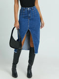 fashion style high elastic half-length denim skirt for women with front slit elegant arm-covering skirt easiest for matchslimming look blue denim skirt
