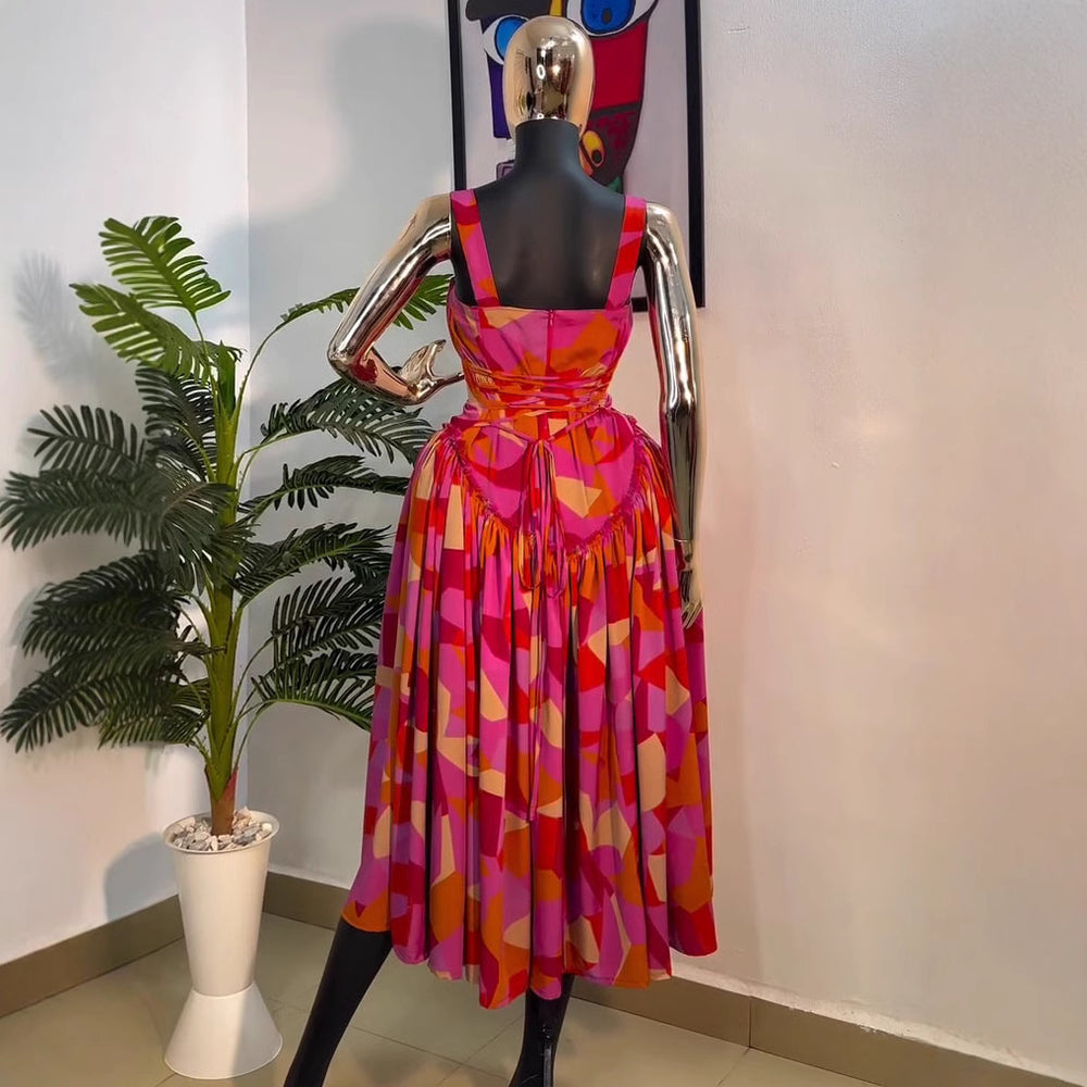 supply summernew arrivalprintingsexy waist mid-length skirt fashionfashion geometric printing suspender skirt