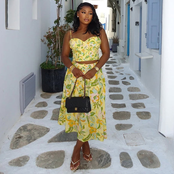 European and American  women's clothing 2025 summer new temperament printed sleeveless short top high waist skirt set