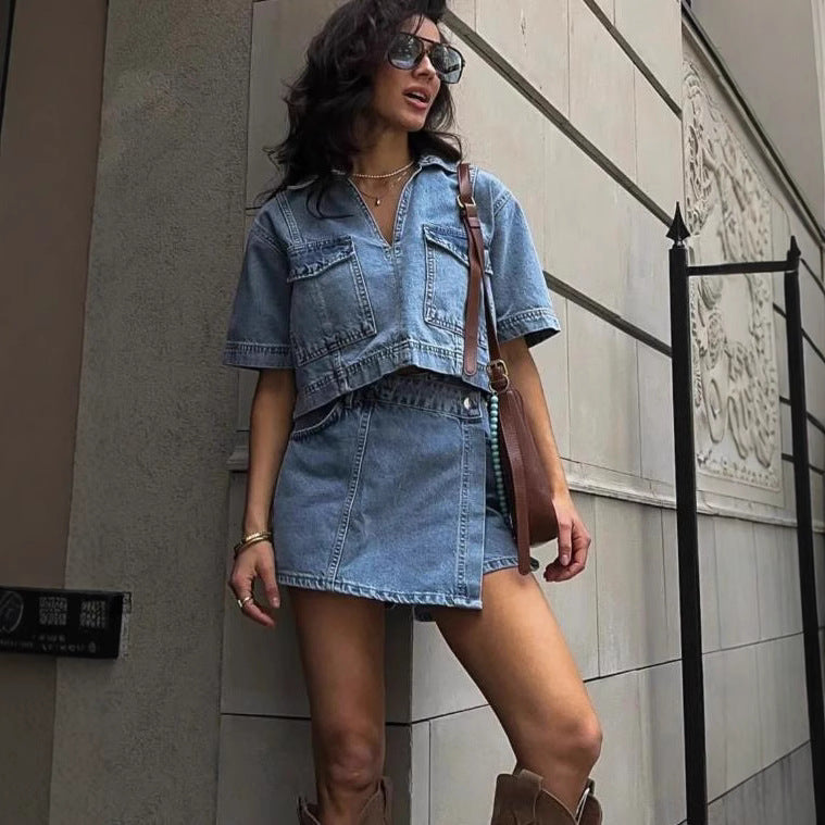 Cross-border European and American wind speed sales, popular double-placket V-neck pullover short denim shirt, high-waisted denim culottes set