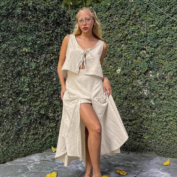 European and American vacation casual khaki cotton and linen cardigan long skirt two-piece set 2025 autumn design skirt set women's clothing
