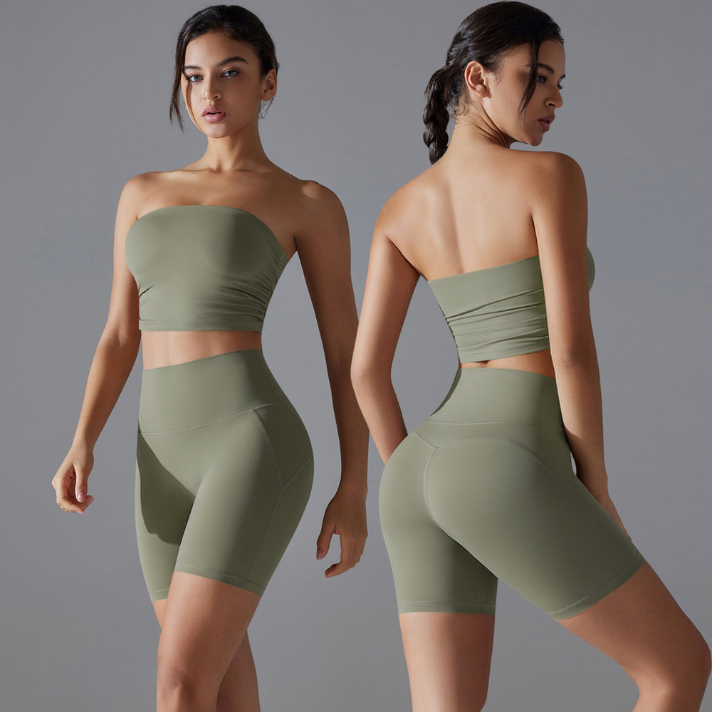 Naked-feel all-in-one tube top sports back suit women's high waist hip lifting quick-drying yoga clothes running fitness two-piece set
