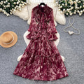 French chic bow print dress - women's spring/autumn long sleeve v-neck a-line maxi dress - slim fit & figure flattering