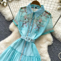 French heavy industry lapel printingdress women's summer long sleeves waist a-line skirt elegant gentle style vacation long skirt