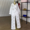 European and american style women's summer  new collection: sweet and fresh turn-down collar patch pocket long sleeve shirt and high-waisted straight-leg pants two-piece set