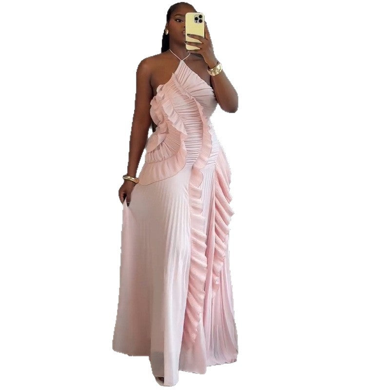 European and american cross-border women's fashion:  autumn new arrivals - sexy and elegant halter neck ruffle detail pleated design dress