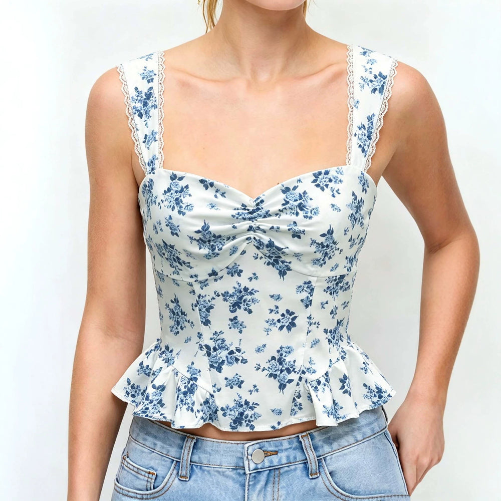 summer new arrival: white floral print cami top with lace trim, open back, and ruffle detail – perfect for vacation, date night, or a spicy summer look