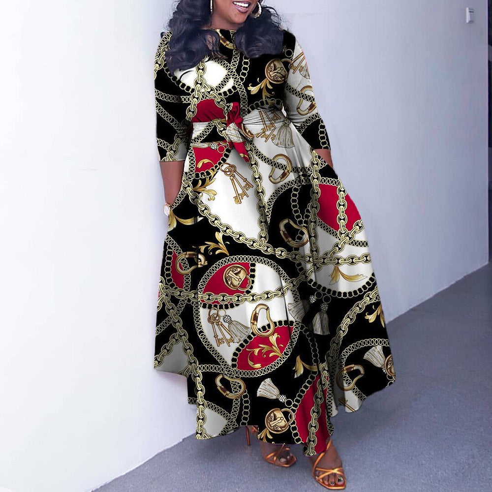 women's autumn fashion dress: european and american style, plus size, stylish print, elegant, tie-waist, a-line silhouette, suitable for cross-border e-commerce