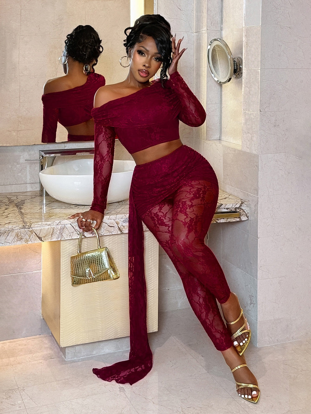 Sexylace oblique shoulder navel-baring tops high waist pleated streamer tights nightclub party sexysuit cross-border