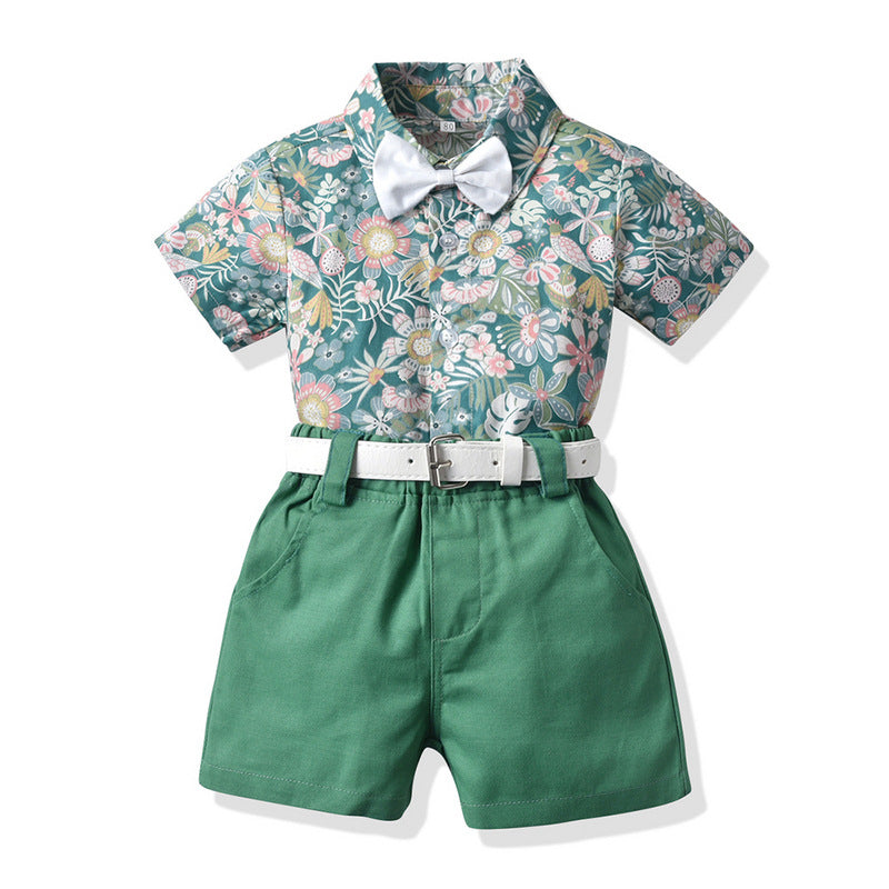 Brother and sister wear export spring and summer new arrival children's clothing boys short-sleeved shorts suspender suit girls floral skirt wholesale