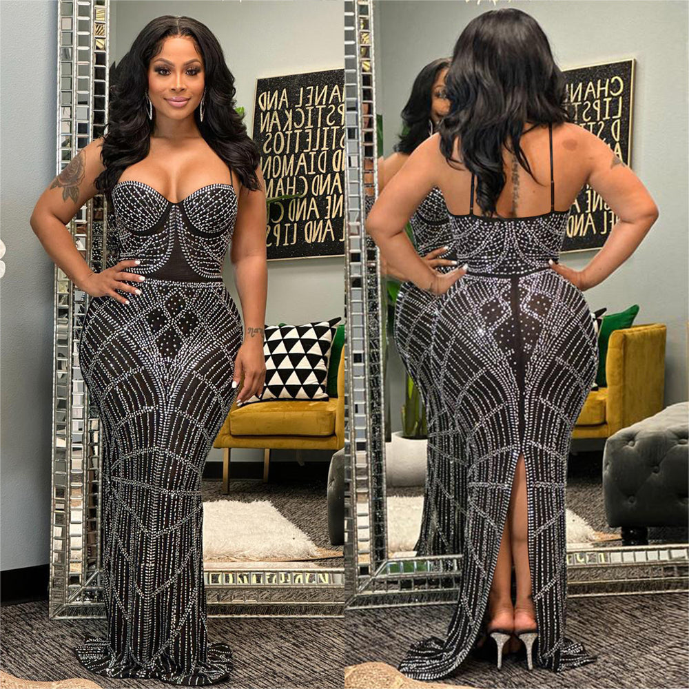 C6201   fashion women's solid color rhinestone mesh sleeveless spaghetti strap maxi dress