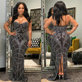 C6201   fashion women's solid color rhinestone mesh sleeveless spaghetti strap maxi dress