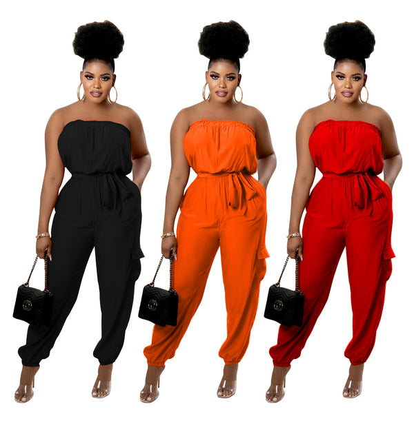 YZ1307 European and American  women's clothing   fashion casual tube top pocket belt spring and summer jumpsuit