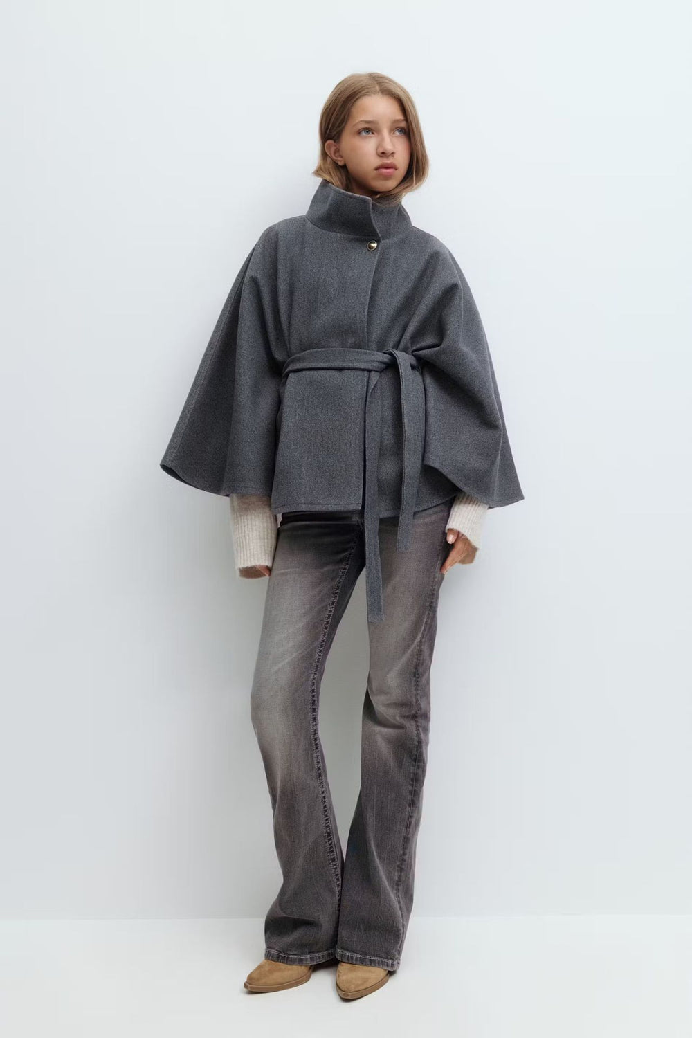 Ready-to-ship  european and american new autumn/winter long-sleeved wool blend shawl coat with tie closure