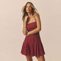 summer new arrival:  cross-border wine red polka dot floral dress - fitted waist ruffle hem mini dress for women
