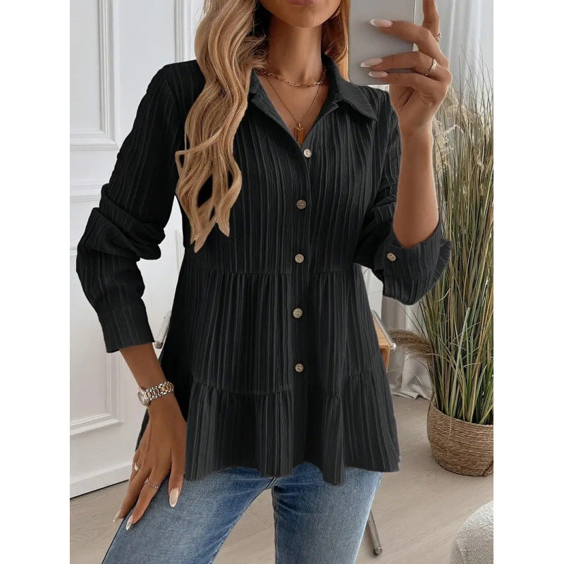 Shipped: new solid color casual textured long-sleeve button-down shirt for us & european cross-border e-commerce ()