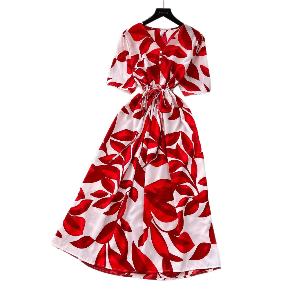 Frenchretrov neck drawstring waist short-sleeved printingdress women's summerslimming lookelegantretro over-the-knee long skirt