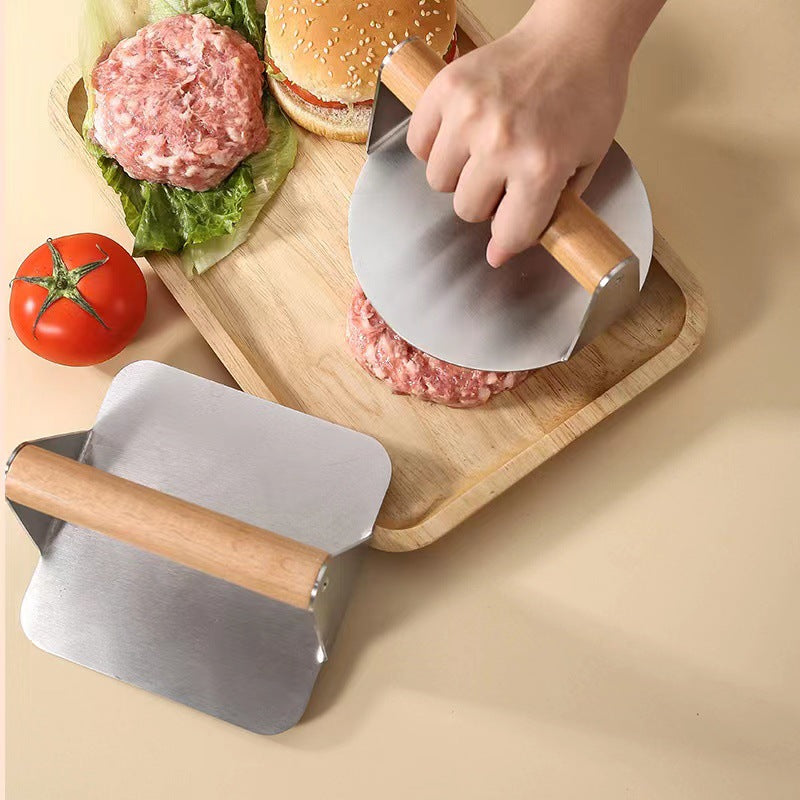Wooden handle 304 stainless steel meat press - round & square steak press - burger patty maker