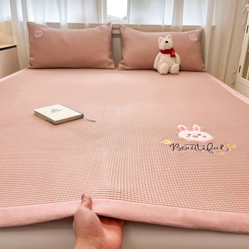 Summer Class A Waffle Cartoon Embroidered Mat Skin-friendly Sleeping Naked Ice Silk Mat Mattress Air Conditioning Soft Mat Cross-border