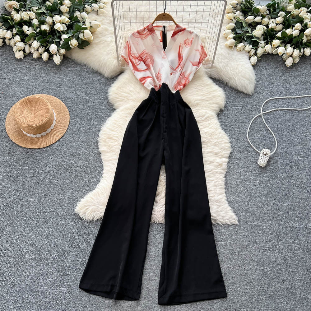 European and american style high-end criss-cross neck flutter sleeve jumpsuit - women's summer slimming wide-leg over-the-knee pants for a chic and powerful look