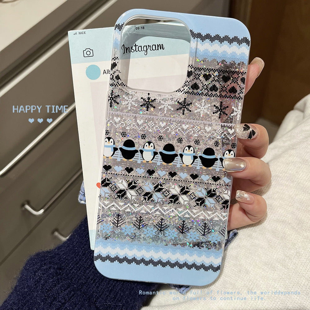 Glue glitter is suitable for apple 16promax cute penguin mobile phone case apple 11 hello kitty anti-fall protective cover