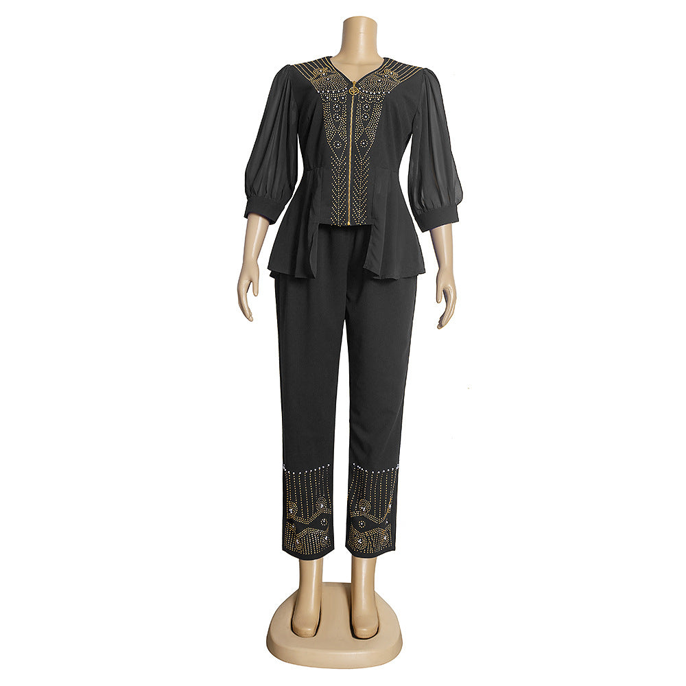Aliexpress  style slim-fit office lady two-piece set: top and pants, european and american  foreign trade plus size women's clothing
