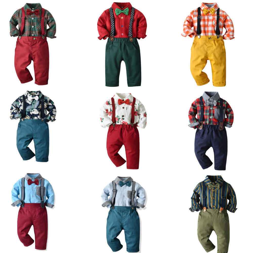 New arrivals: autumn collection - boys' cotton long-sleeve shirt & overalls set - perfect for first birthday & christmas gifts (cross-border e-commerce)