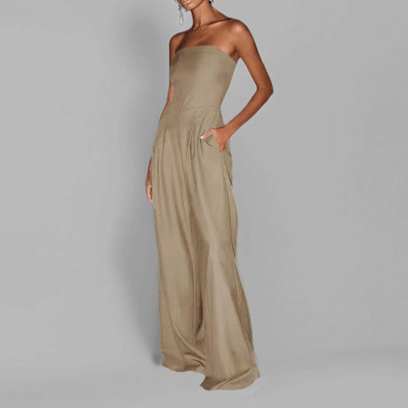 cross-border european and american women's clothing: new summer collection - elegant solid color bandeau high-waisted slimming wide-leg jumpsuit