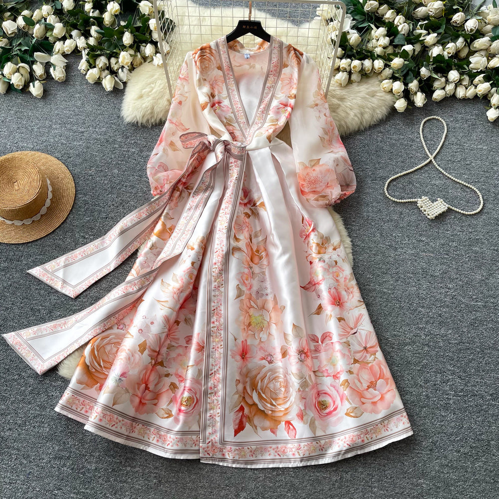 Vintage court style v-neck lantern sleeve printed dress - women's summer tie-waist slimming maxi dress with elegant flare