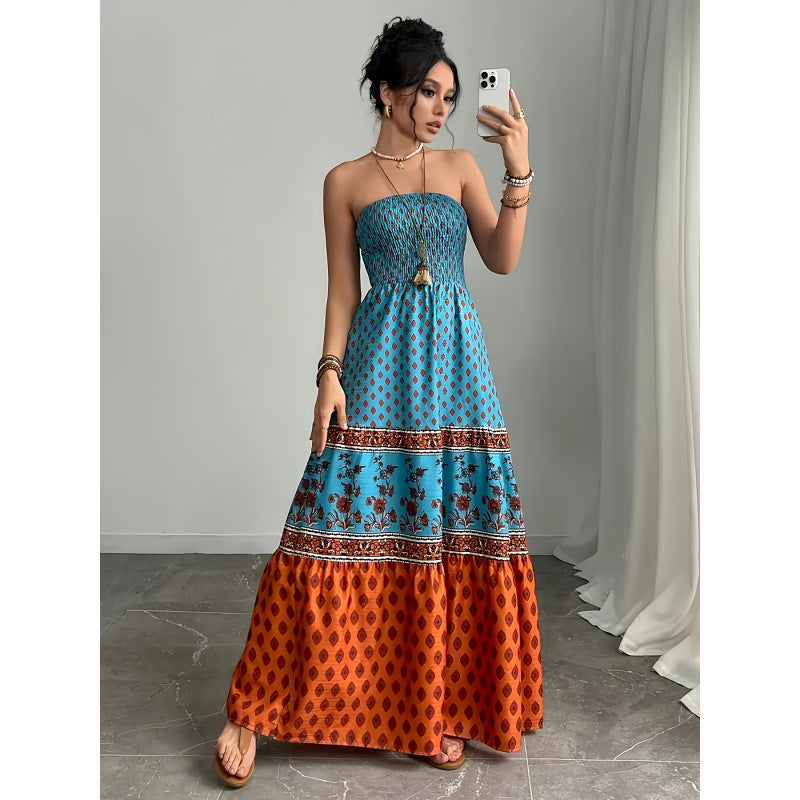 Aliexpress spring/summer new bohemian print beach dress, printed maxi dress
