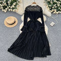 Classy sense of nicheelegancedress women's autumnew arrival strap waist lacepatchwork bell sleeve pleated long skirt