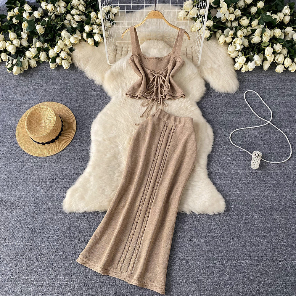 Women's summer knit two-piece vacation outfit: cutout tie-up cami top & high-waisted maxi skirt set