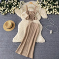 Women's summer knit two-piece vacation outfit: cutout tie-up cami top & high-waisted maxi skirt set