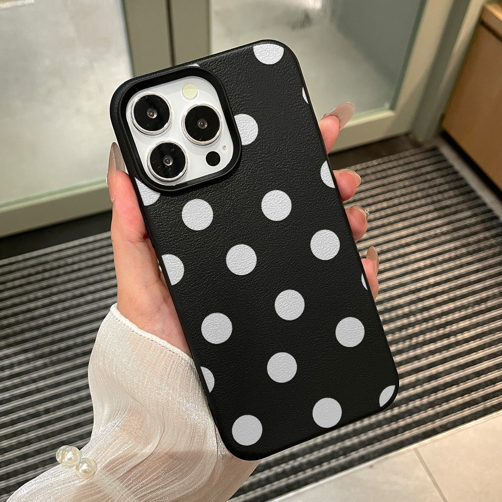 Suitable for iphone 17 pro max black background white polka dot phone case, apple 15 full coverage shockproof hard case, women's style wholesale