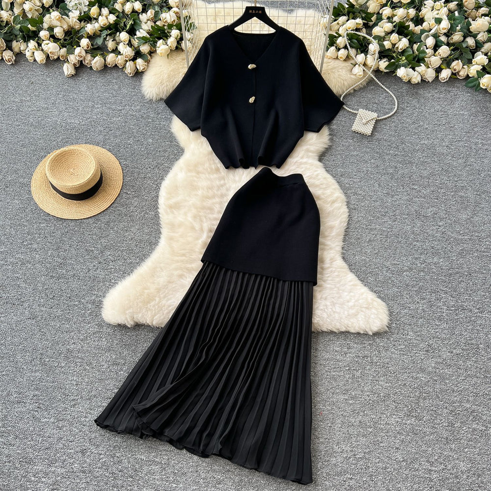 Sophisticated two-piece dress set:  summer collection - premium short-sleeve knit top & high-waisted pleated midi skirt