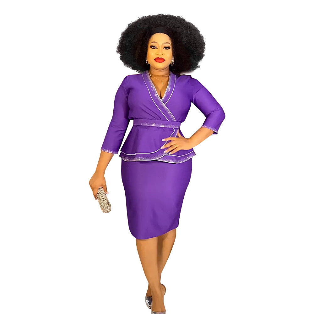 African women's plus size office lady commute chic rhinestone embellished tiktok  fashion professional style two-piece dress set